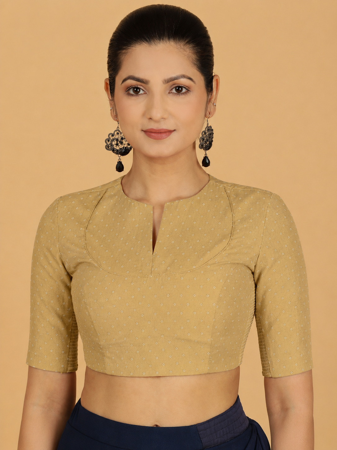 Bindu | Elbow Sleeved Gold Foil Chandheri Saree Blouse