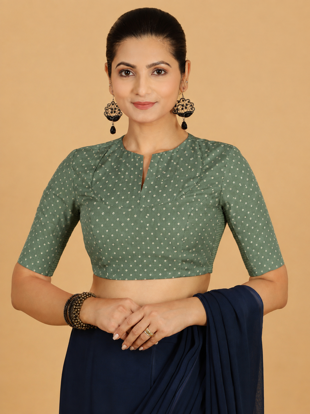 Bindu | Elbow Sleeved Green Foil Chandheri Saree Blouse