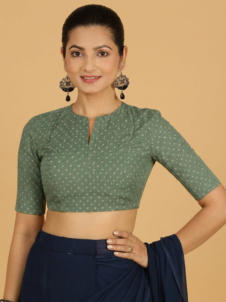Bindu | Elbow Sleeved Green Foil Chandheri Saree Blouse
