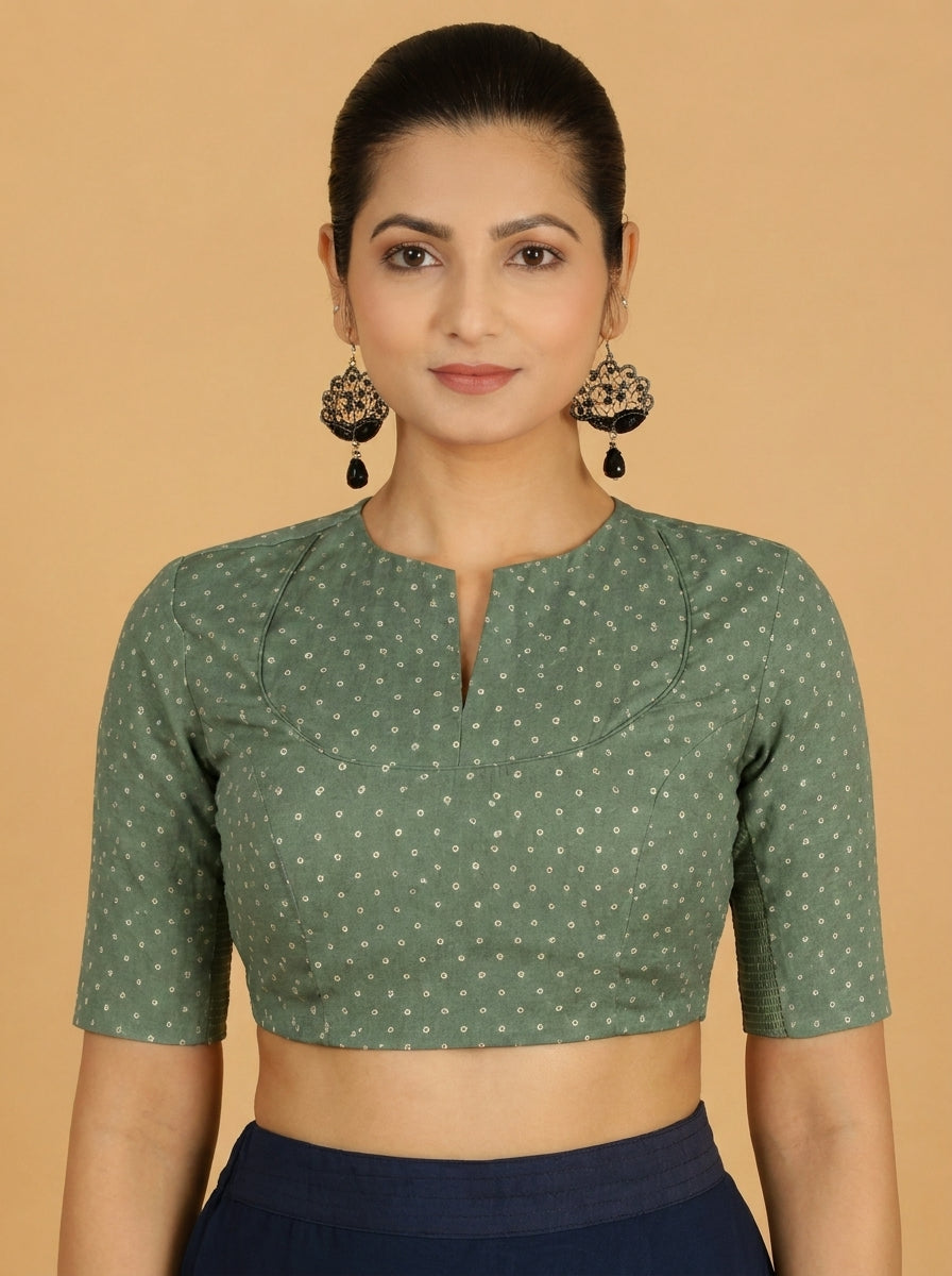 Bindu | Elbow Sleeved Green Foil Chandheri Saree Blouse