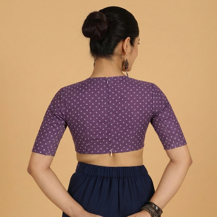 Bindu | Elbow Sleeved Purple Foil Chandheri Saree Blouse