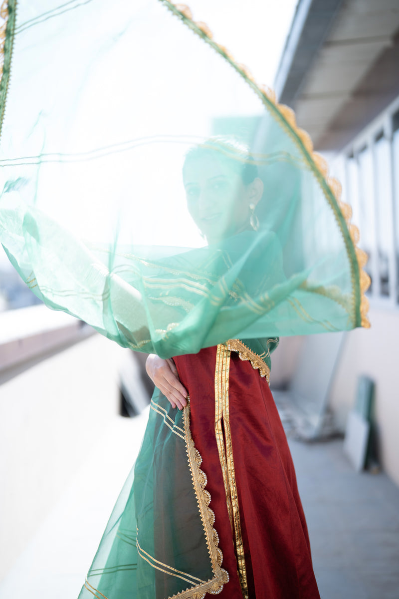 Panna x Tyohaar | Forest Green Organza Dupatta-Binks
