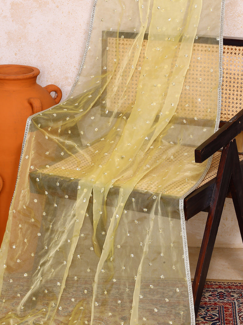 Aarushi x Tyohaar | Sequined Light Yellow Organza Dupatta-Binks