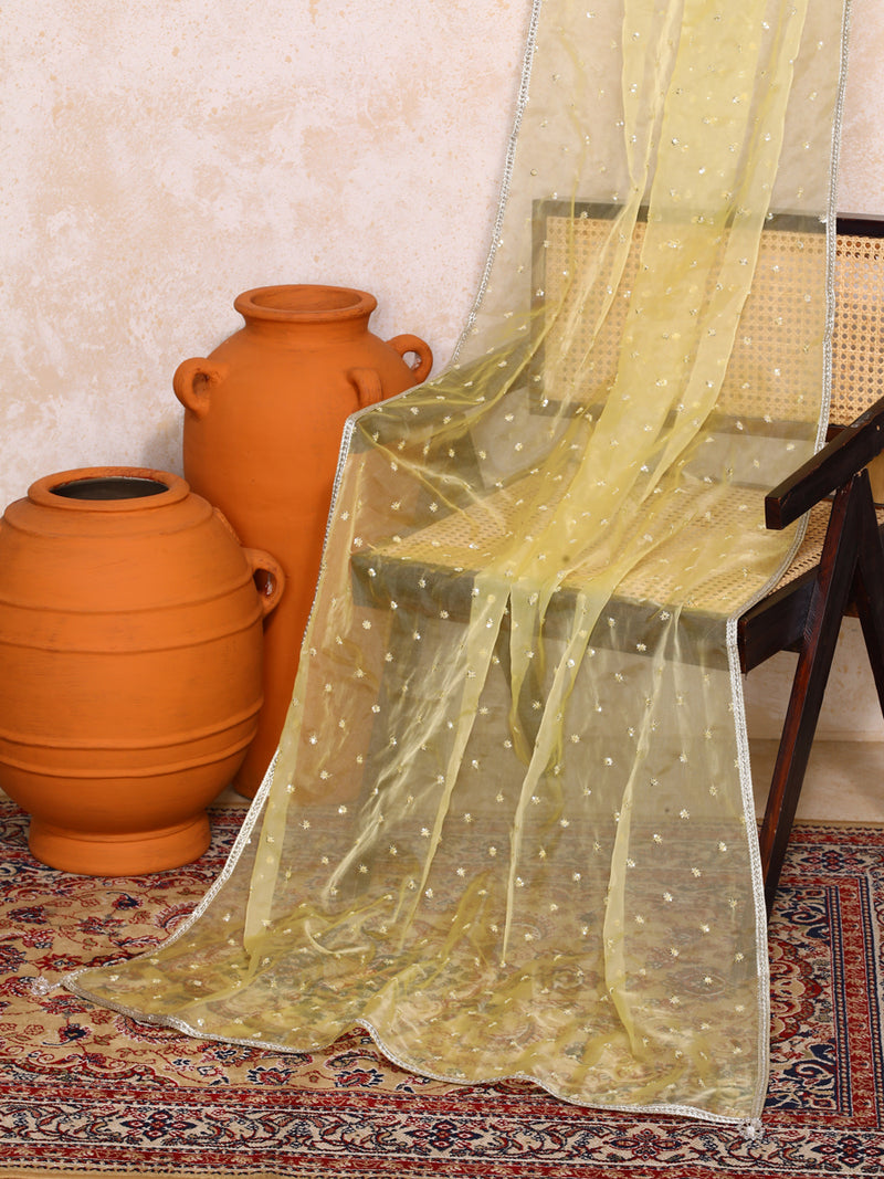 Aarushi x Tyohaar | Sequined Light Yellow Organza Dupatta-Binks