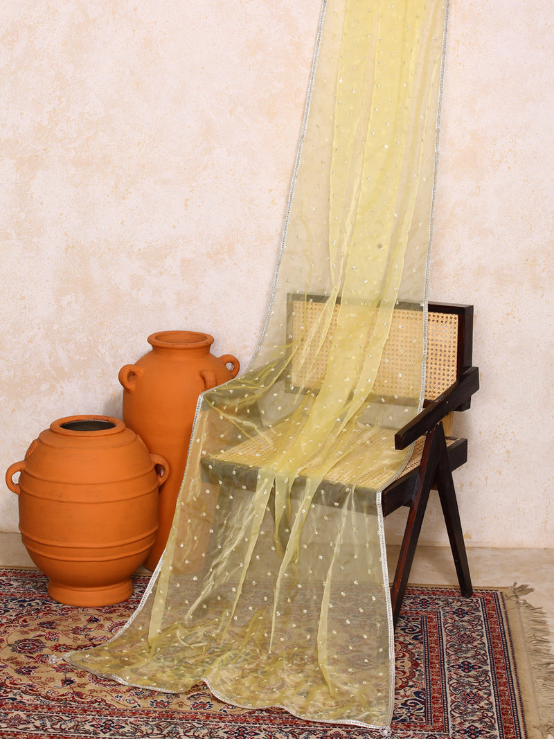 Aarushi x Tyohaar | Sequined Light Yellow Organza Dupatta-Binks