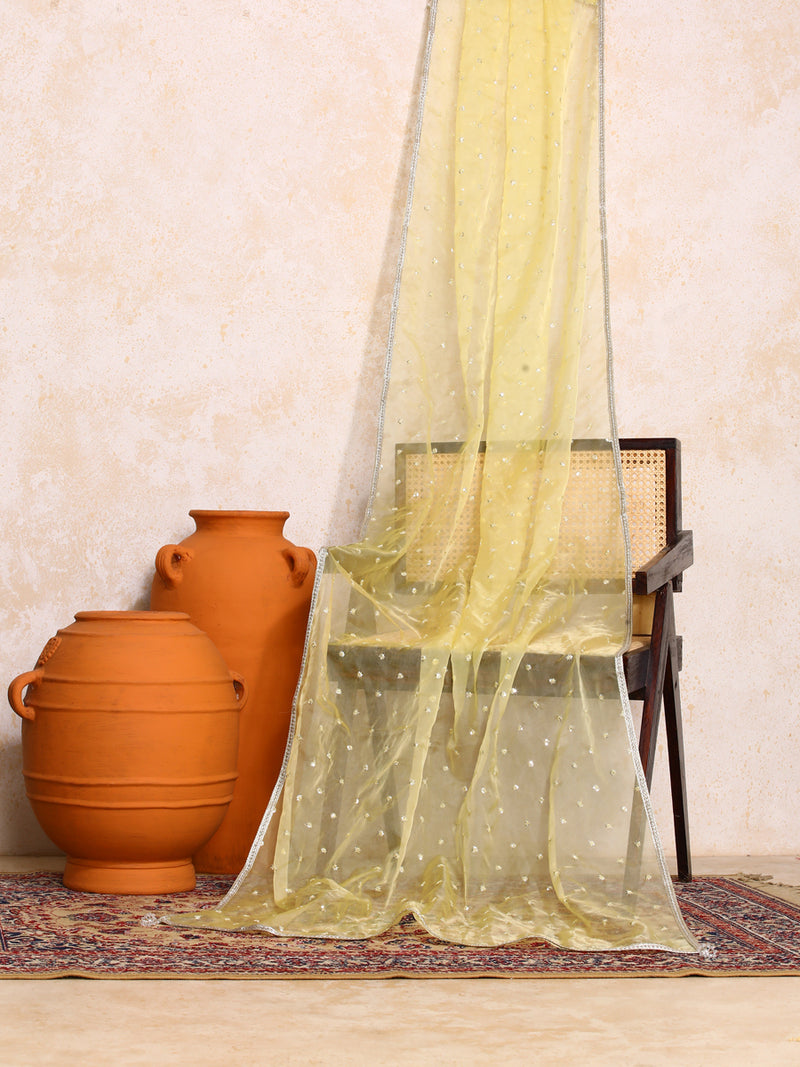 Aarushi x Tyohaar | Sequined Light Yellow Organza Dupatta-Binks