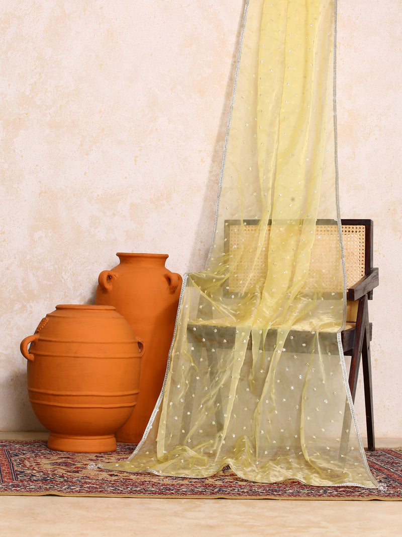 Aarushi x Tyohaar | Sequined Light Yellow Organza Dupatta-Binks