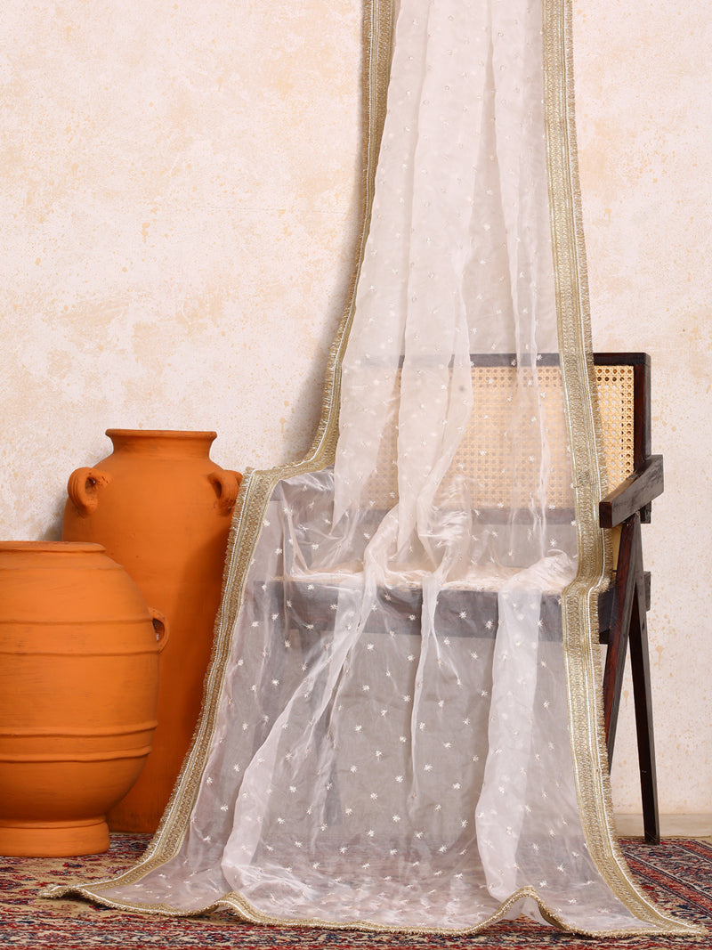 Mogra x Tyohaar | Sequined White Organza Dupatta-Binks