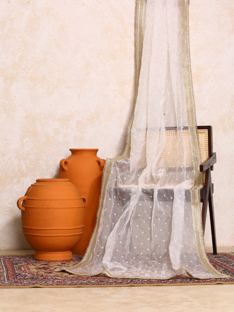 Mogra x Tyohaar | Sequined White Organza Dupatta-Binks