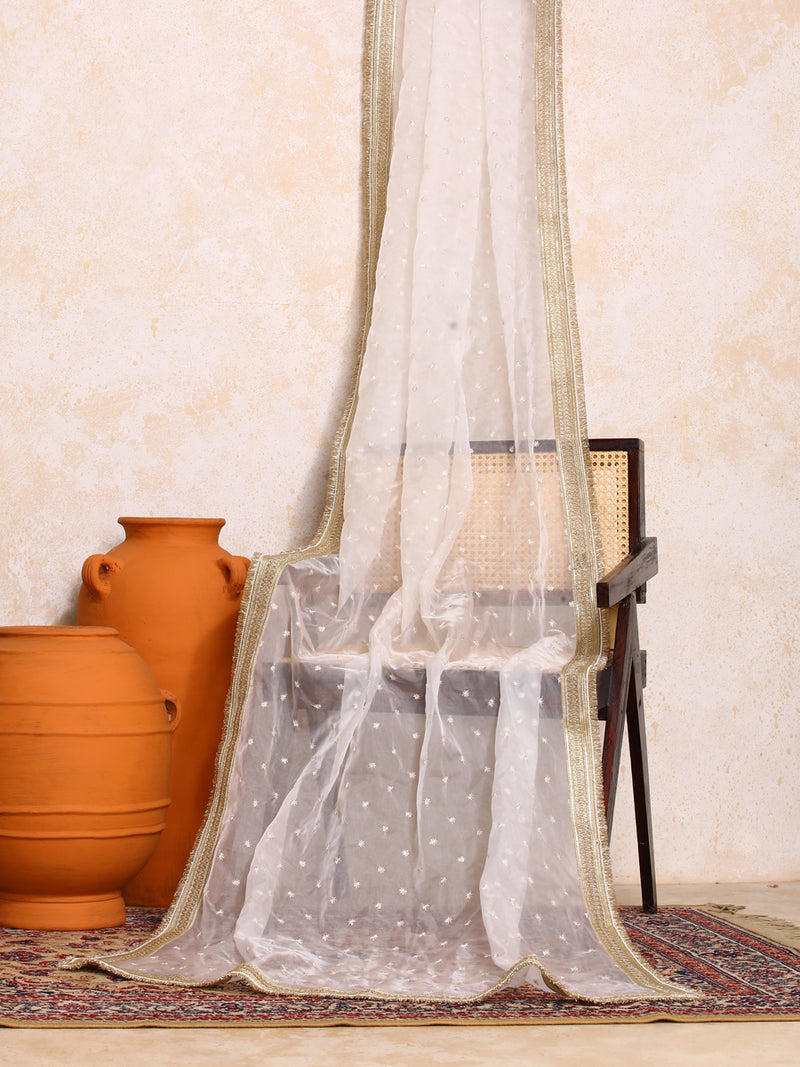 Mogra x Tyohaar | Sequined White Organza Dupatta-Binks
