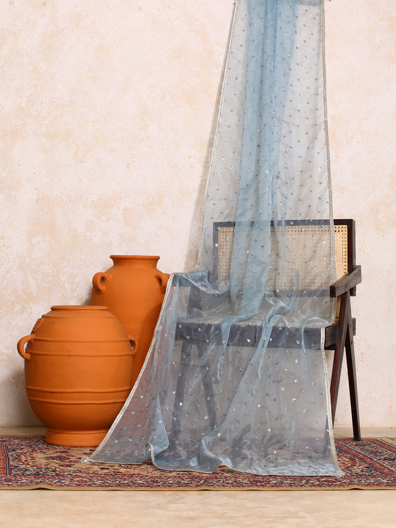 Neelima x Tyohaar | Sequined Light Blue Organza Dupatta-Binks
