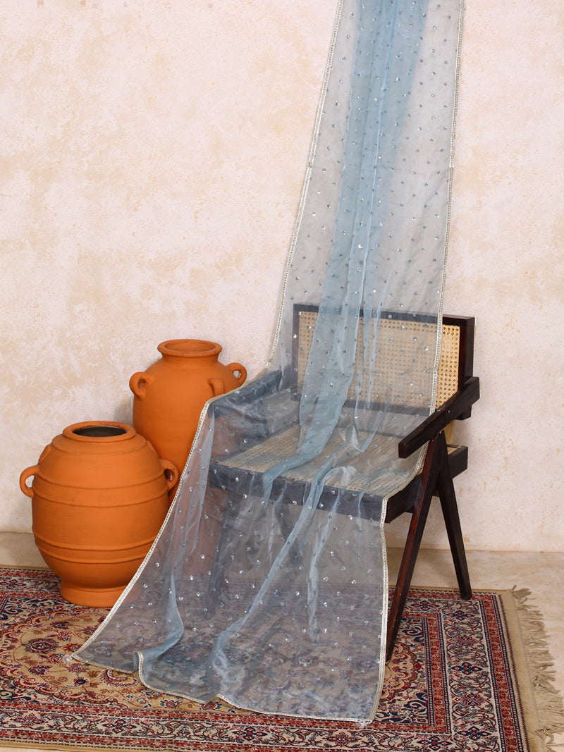 Neelima x Tyohaar | Sequined Light Blue Organza Dupatta-Binks