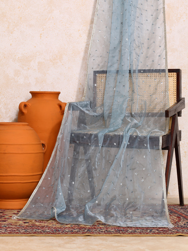 Neelima x Tyohaar | Sequined Light Blue Organza Dupatta-Binks