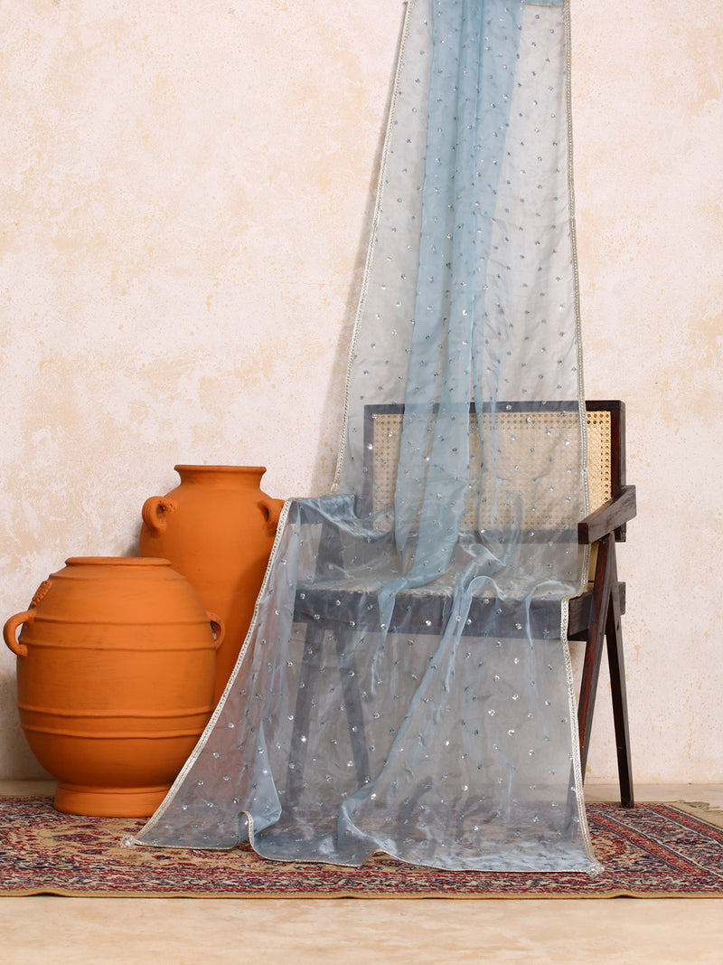 Neelima x Tyohaar | Sequined Light Blue Organza Dupatta-Binks