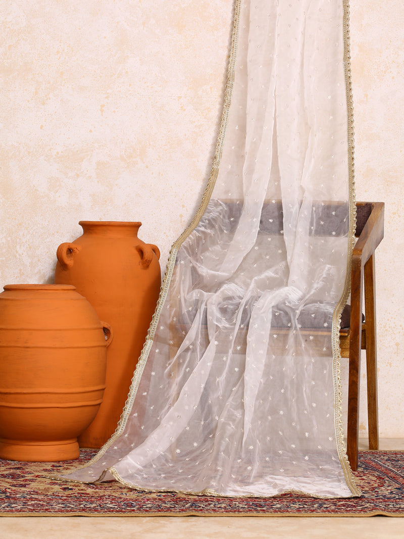 Neysa x Tyohaar | Sequined White Organza Dupatta-Binks