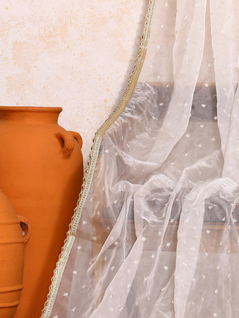 Neysa x Tyohaar | Sequined White Organza Dupatta-Binks
