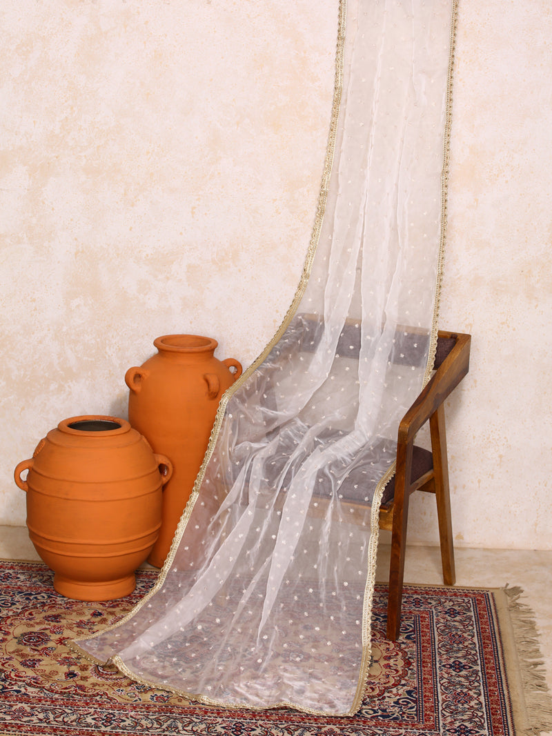 Neysa x Tyohaar | Sequined White Organza Dupatta-Binks