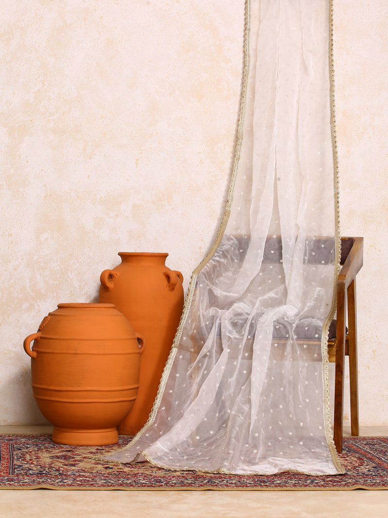 Neysa x Tyohaar | Sequined White Organza Dupatta-Binks