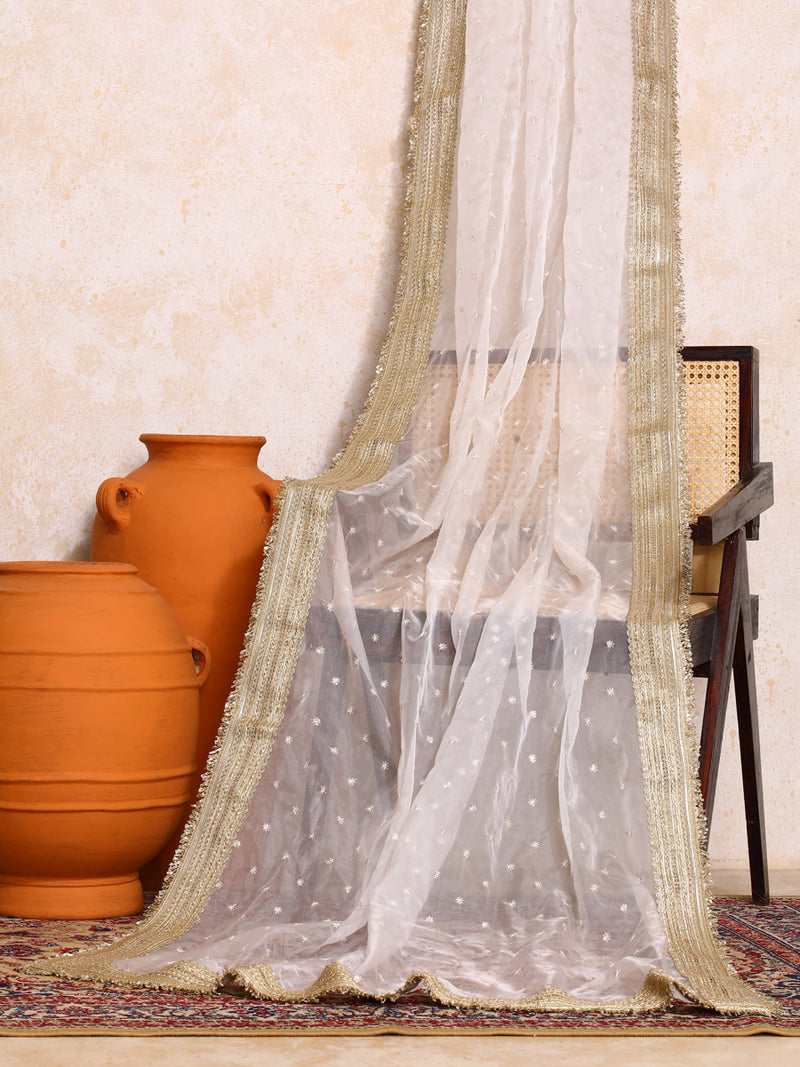 Nirja x Tyohaar | Sequined White Organza Dupatta-Binks