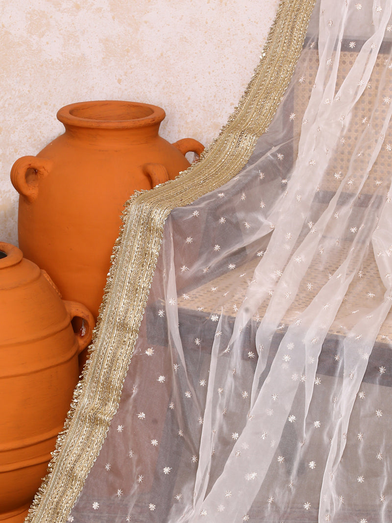 Nirja x Tyohaar | Sequined White Organza Dupatta-Binks