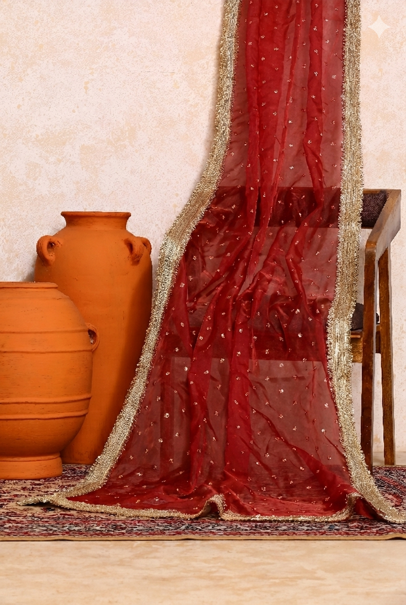 Ragini x Tyohaar | Sequined Red Organza Dupatta-Binks