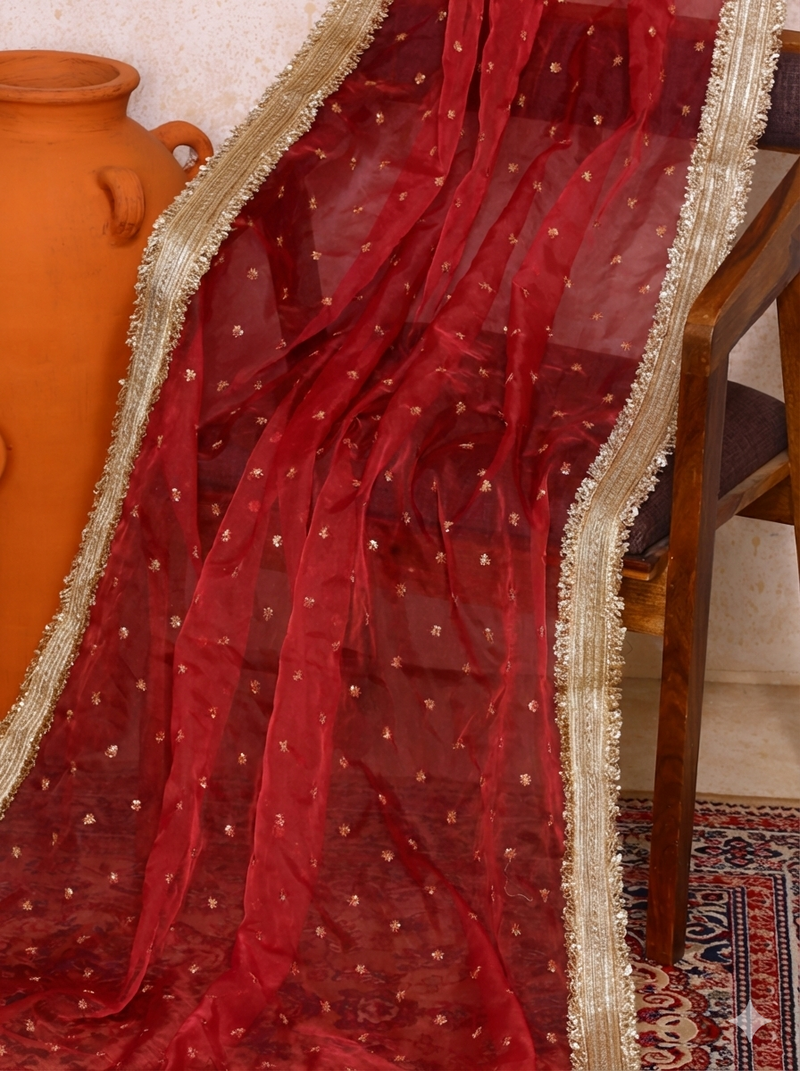 Ragini x Tyohaar | Sequined Red Organza Dupatta-Binks
