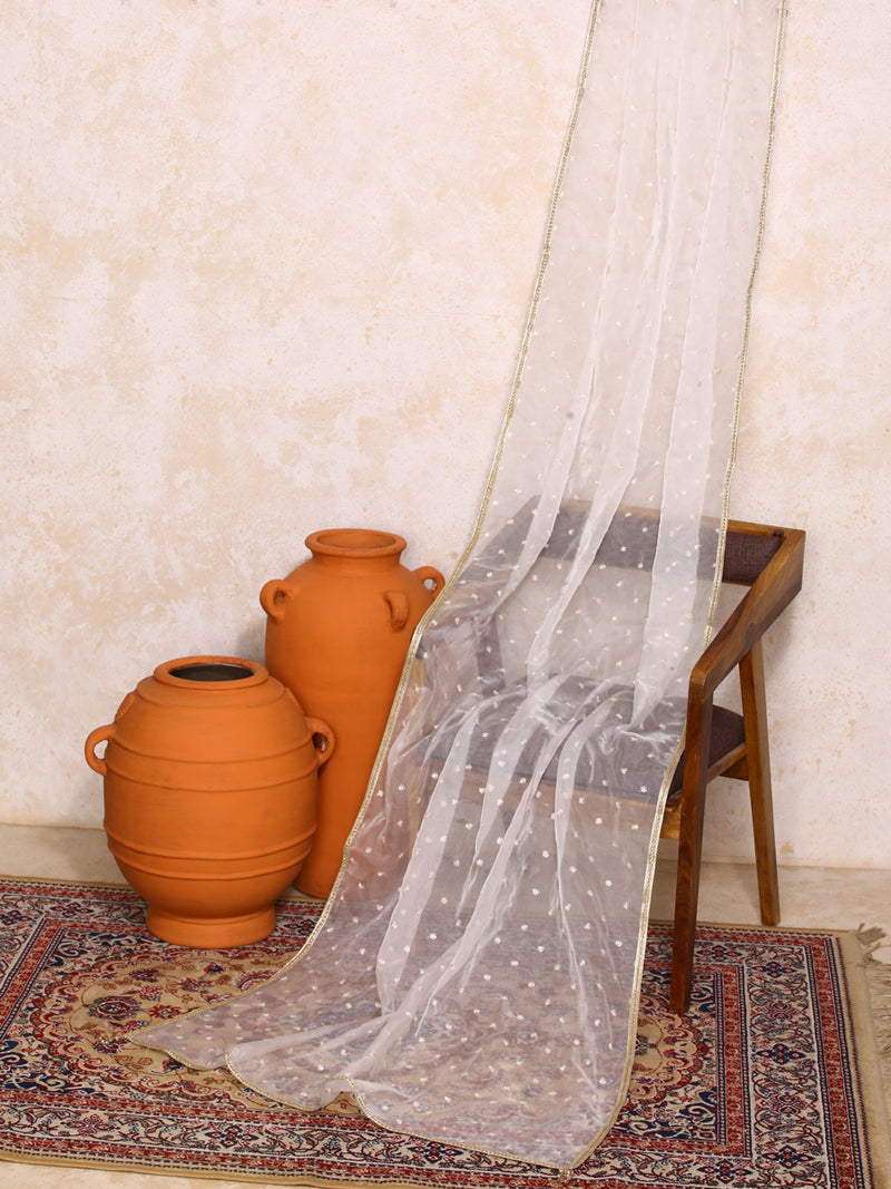 Shweta x Tyohaar | Sequined White Organza Dupatta-Binks