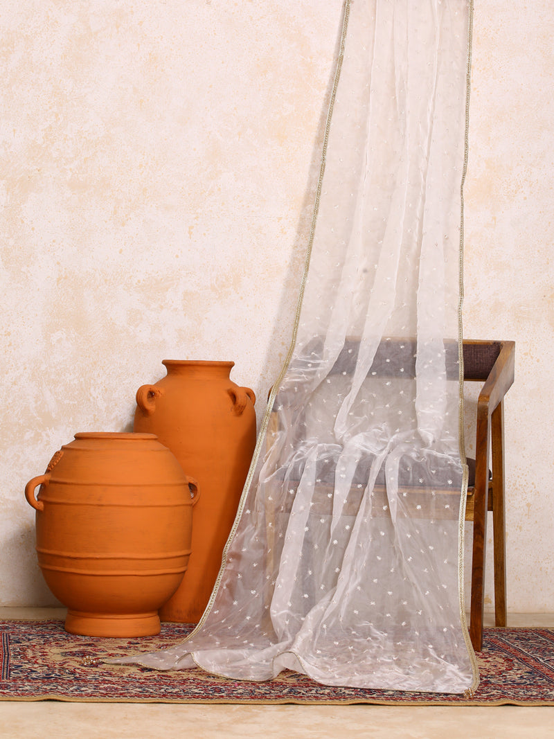 Shweta x Tyohaar | Sequined White Organza Dupatta-Binks