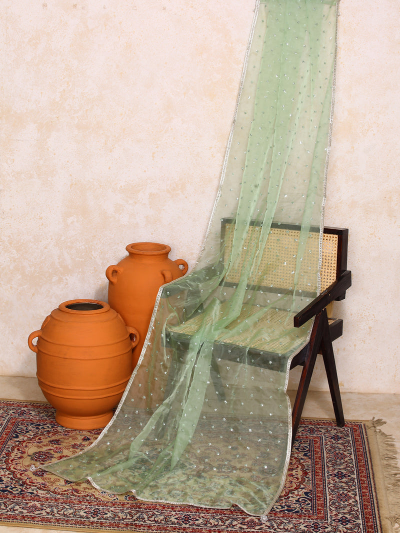 Taruvi x Tyohaar | Sequined Light Green Organza Dupatta-Binks