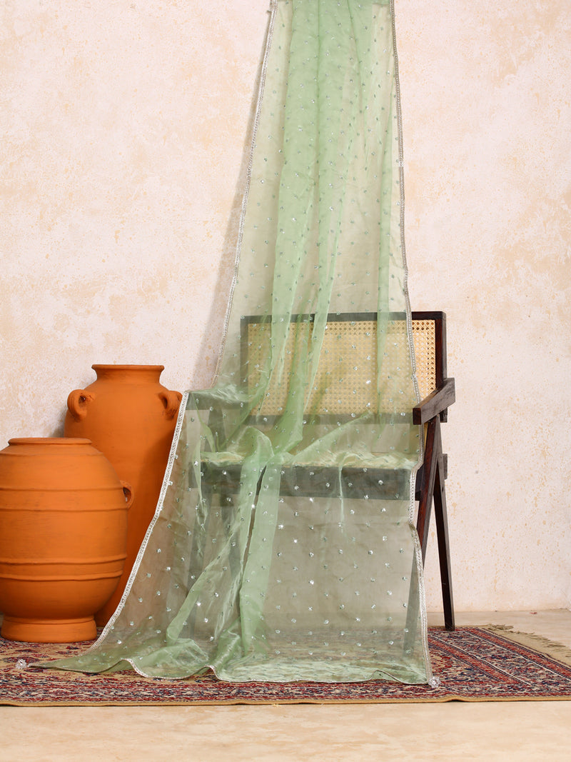 Taruvi x Tyohaar | Sequined Light Green Organza Dupatta-Binks