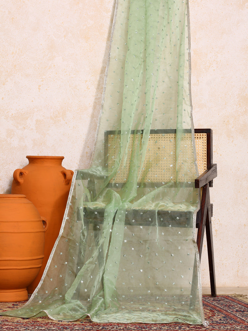 Taruvi x Tyohaar | Sequined Light Green Organza Dupatta-Binks