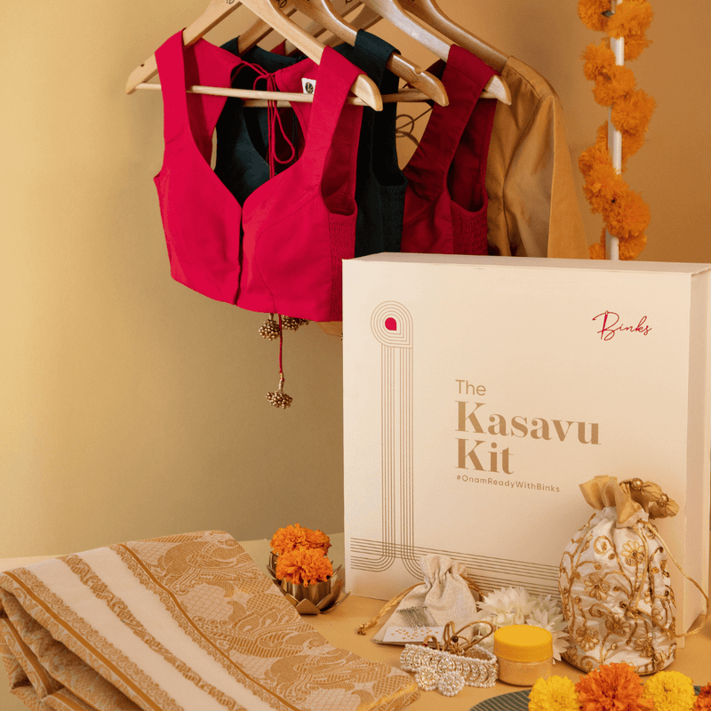 The 6-pc Binks Kasavu Kit with Purple Tanvi Blouse w/ Gota Embellishments - Get Onam-Ready Box-Binks