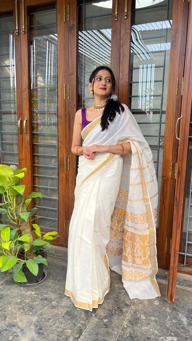 The 6-pc Binks Kasavu Kit with Purple Tanvi Blouse w/ Gota Embellishments - Get Onam-Ready Box-Binks