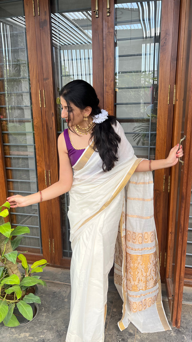 The 6-pc Binks Kasavu Kit with Purple Tanvi Blouse w/ Gota Embellishments - Get Onam-Ready Box-Binks