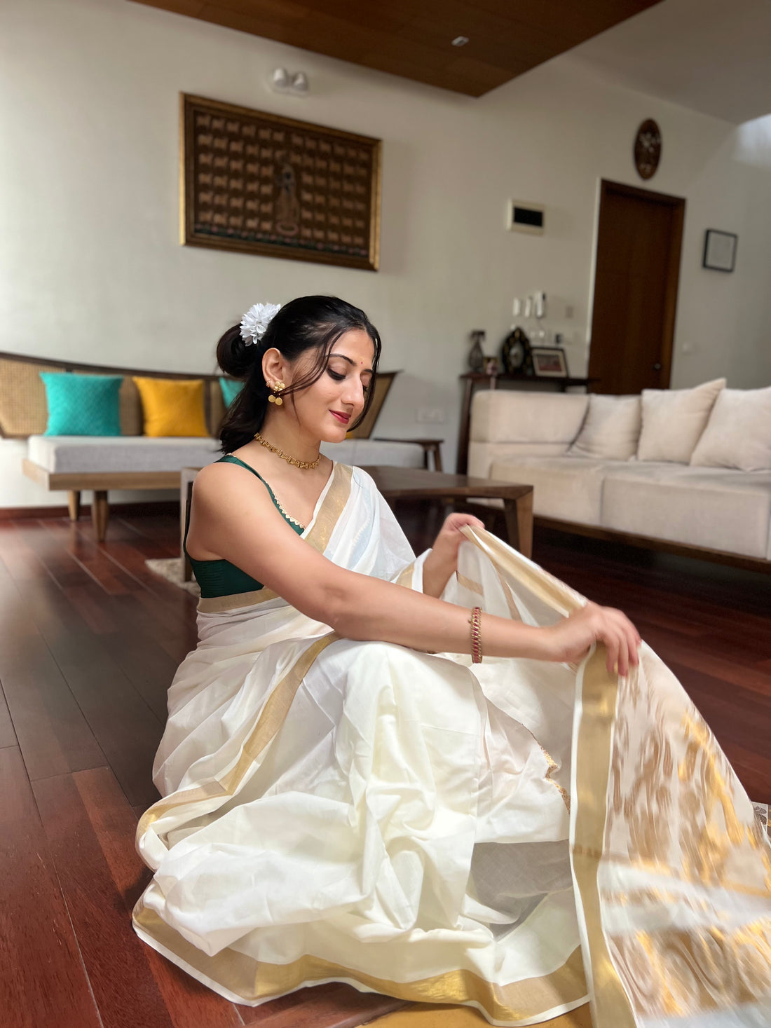 The 6-pc Binks Kasavu Kit with Bottle Green Ishika Blouse w/ Gota Embellishments - Get Onam-Ready Box Festive Fashion Box.