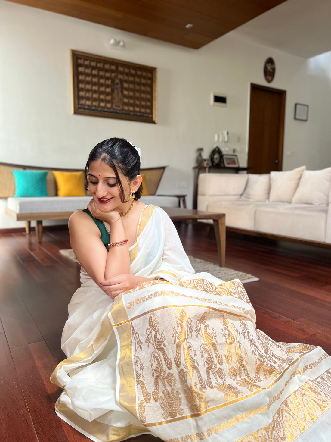 The 6-pc Binks Kasavu Kit with Bottle Green Ishika Blouse w/ Gota Embellishments - Get Onam-Ready Box Festive Fashion Box.