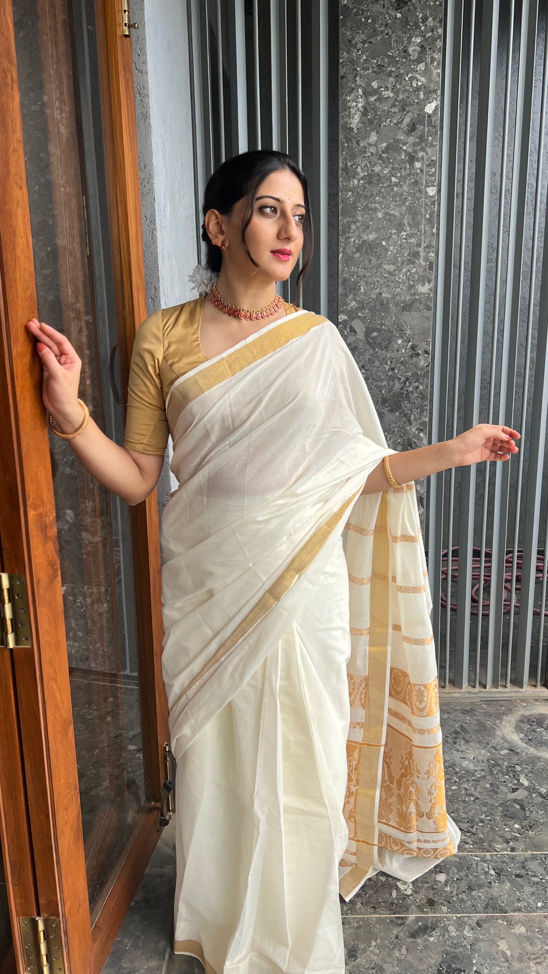 The 6-pc Binks Kasavu Kit with Gold Aziza Blouse - Get Onam-Ready Box Festive Fashion Box, in Gold Artificial Silk (view 2).