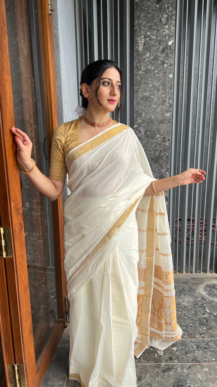 The 6-pc Binks Kasavu Kit with Gold Aziza Blouse - Get Onam-Ready Box Festive Fashion Box, in Gold Artificial Silk (view 2).