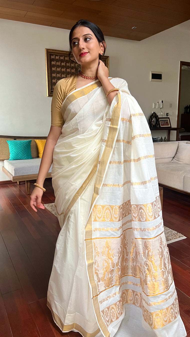 The 6-pc Binks Kasavu Kit with Gold Aziza Blouse - Get Onam-Ready Box Festive Fashion Box, in Gold Artificial Silk (view 3).