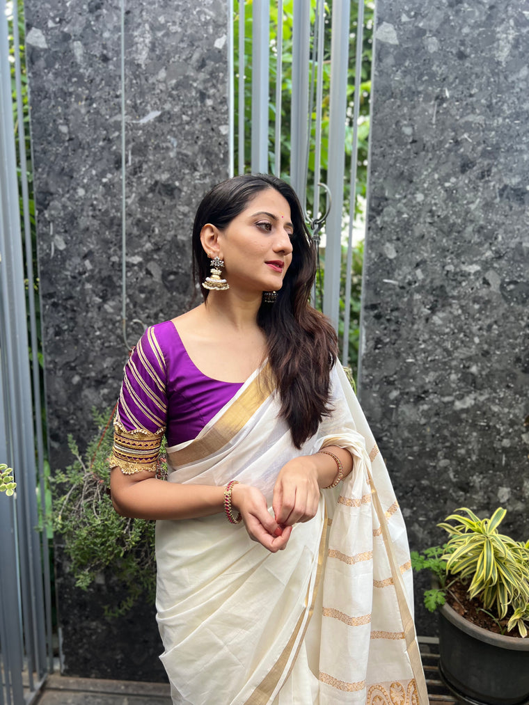 The 6-pc Binks Kasavu Kit with Purple Anisha Blouse w/ Gota Embellishments - Get Onam-Ready Box Festive Fashion Box.