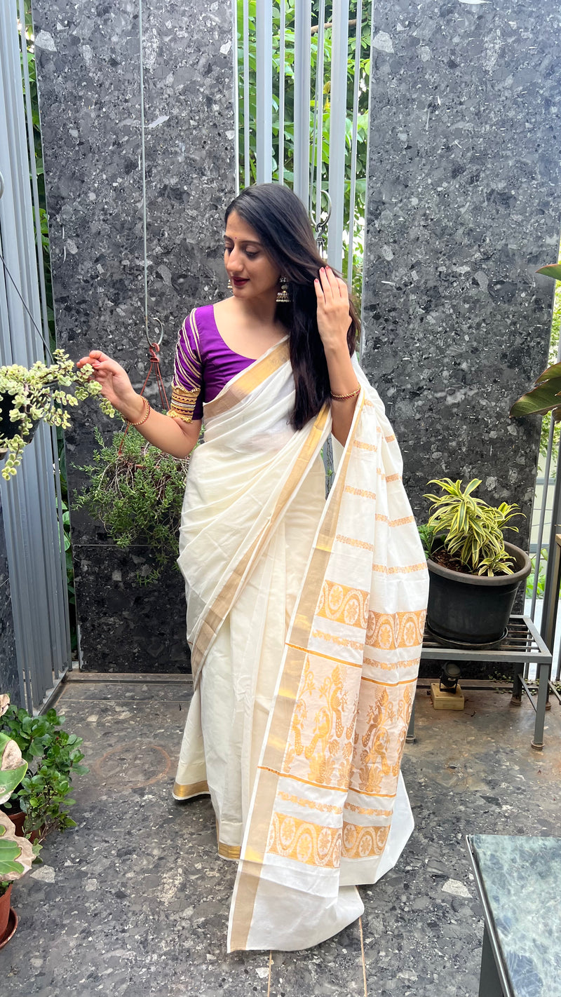 The 6-pc Binks Kasavu Kit with Purple Anisha Blouse w/ Gota Embellishments - Get Onam-Ready Box-Binks