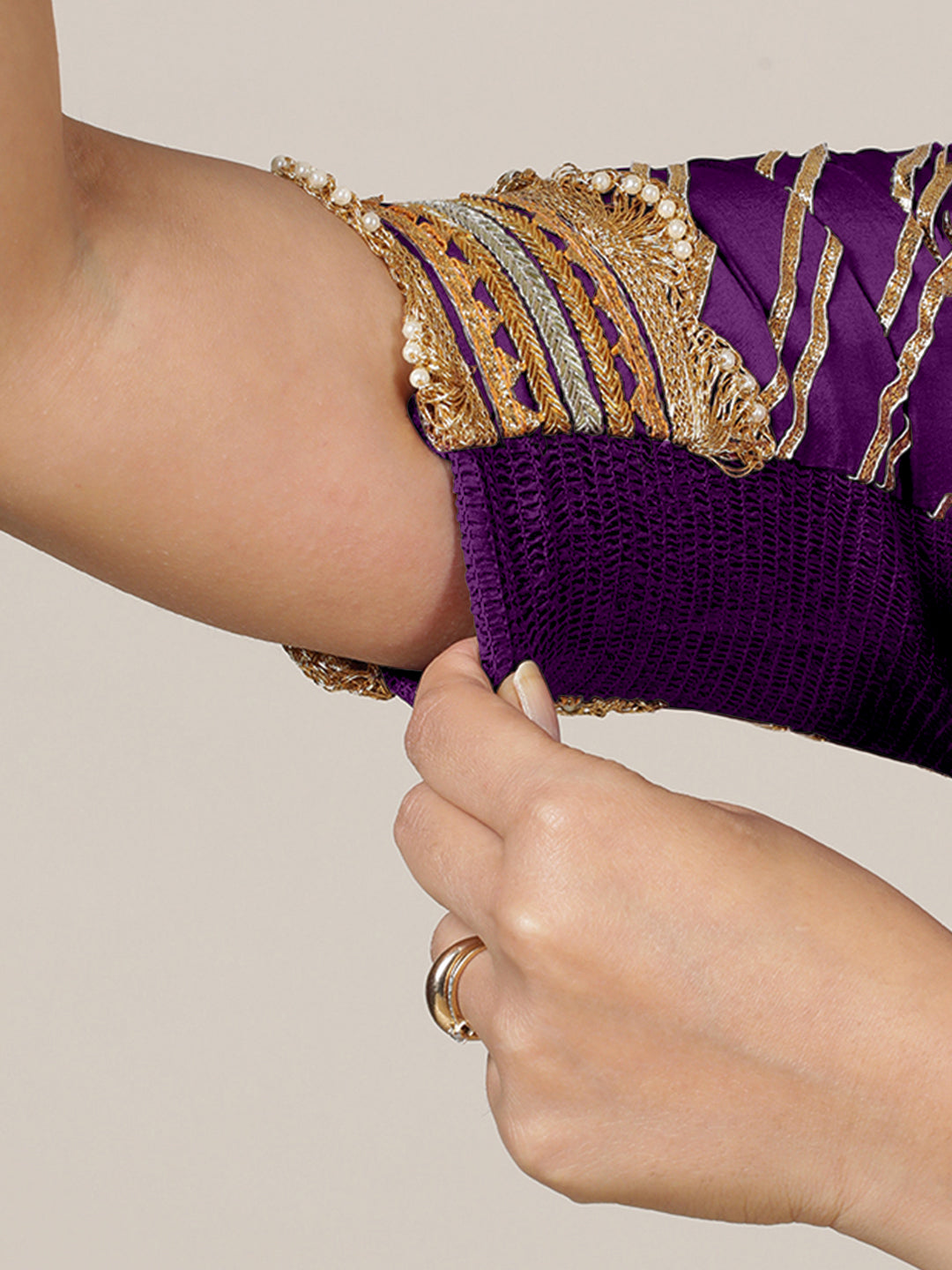 The 6-pc Binks Kasavu Kit with Purple Anisha Blouse w/ Gota Embellishments - Get Onam-Ready Box Festive Fashion Box (view 5).
