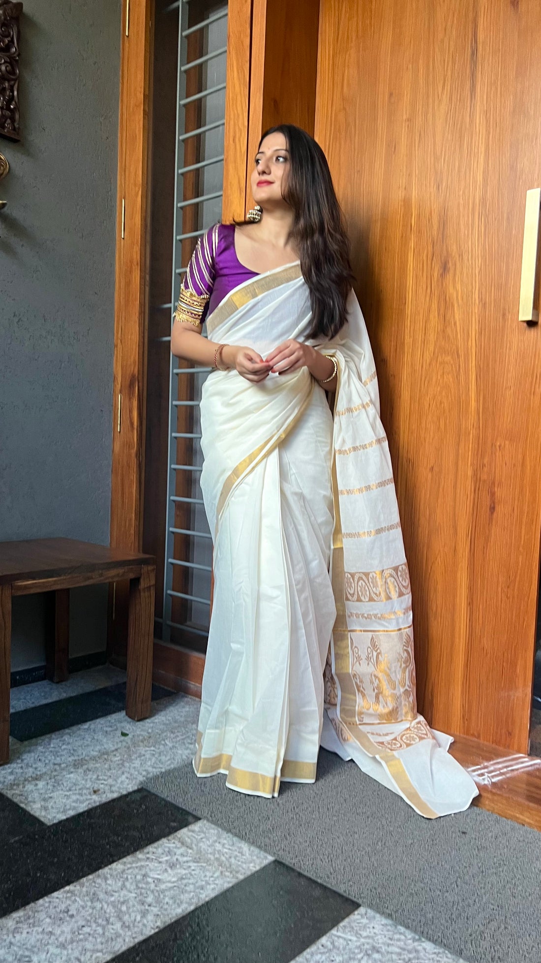 The 6-pc Binks Kasavu Kit with Purple Anisha Blouse w/ Gota Embellishments - Get Onam-Ready Box Festive Fashion Box (view 8).