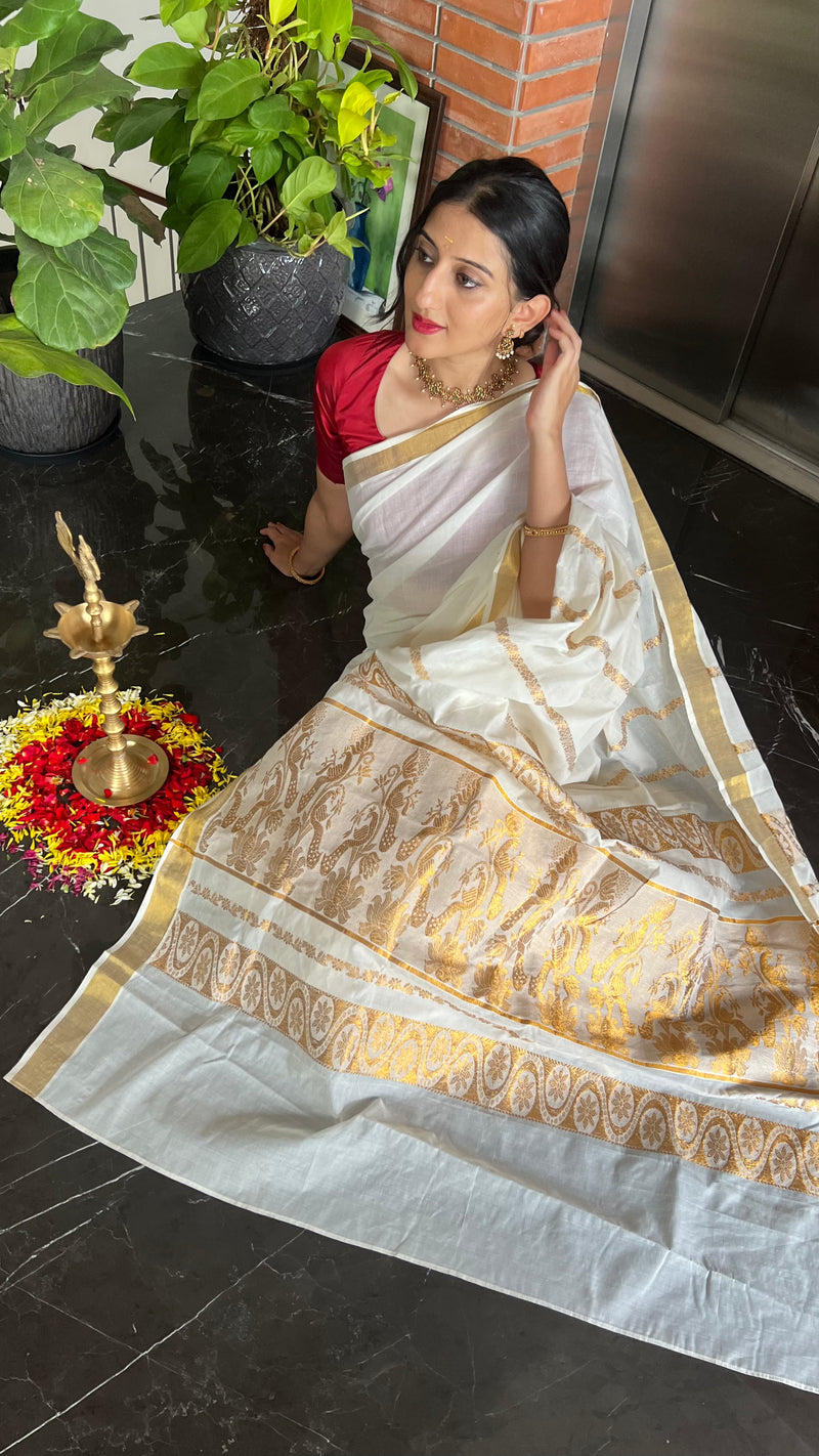 The 6-pc Binks Kasavu Kit with Red Anisha Blouse - Get Onam-Ready Box Festive Fashion Box, in Red Artificial Silk.