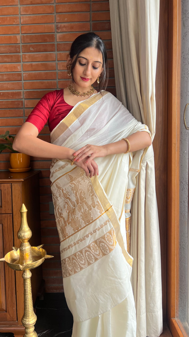 The 6-pc Binks Kasavu Kit with Red Anisha Blouse - Get Onam-Ready Box Festive Fashion Box, in Red Artificial Silk (view 10).