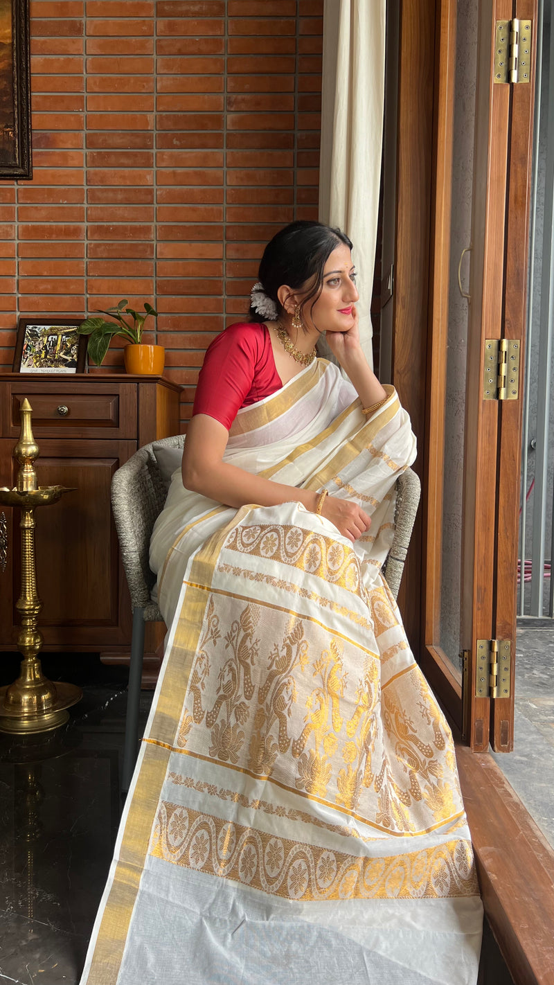 The 6-pc Binks Kasavu Kit with Red Anisha Blouse - Get Onam-Ready Box Festive Fashion Box, in Red Artificial Silk (view 2).
