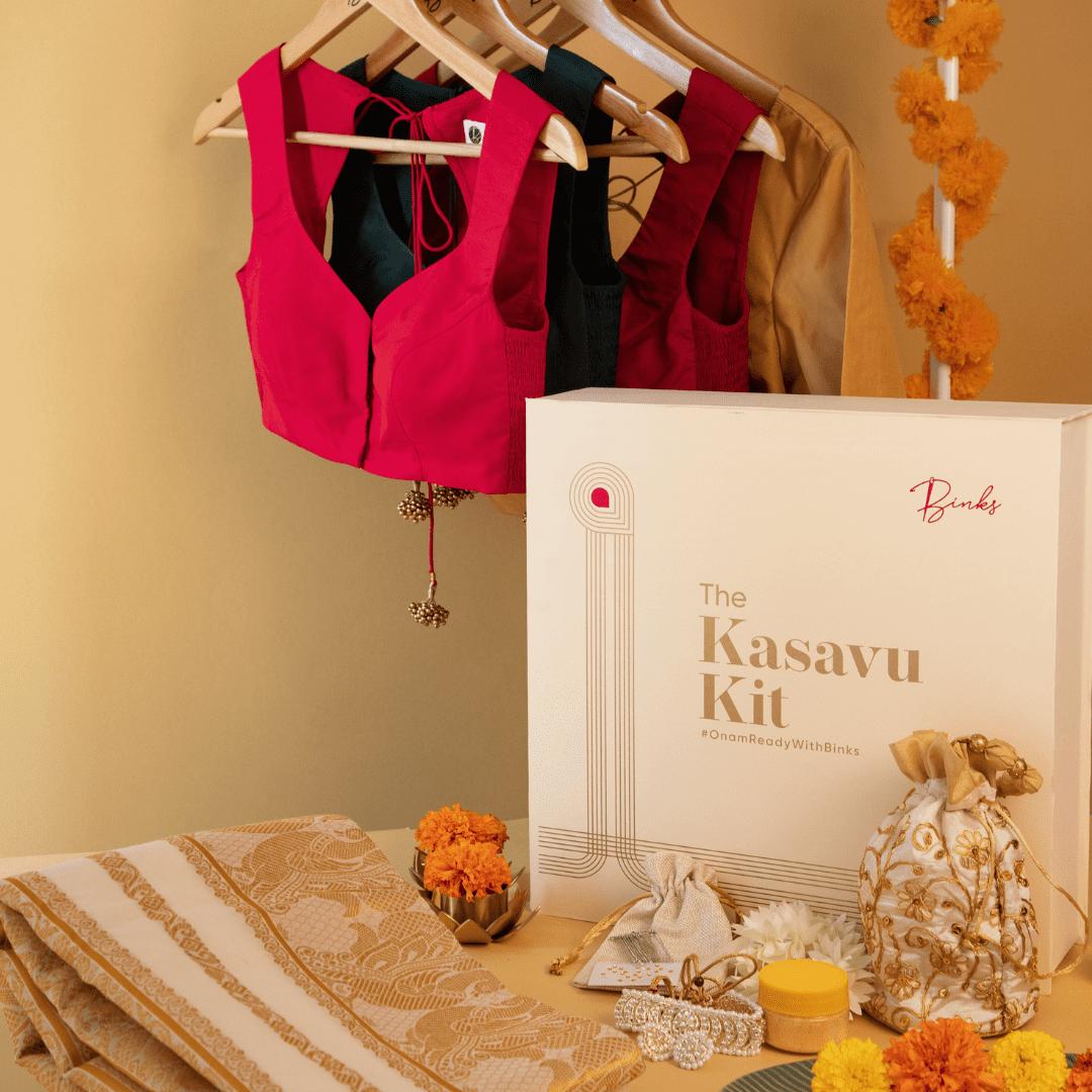 The 6-pc Binks Kasavu Kit with Red Anisha Blouse - Get Onam-Ready Box Festive Fashion Box, in Red Artificial Silk (view 4).