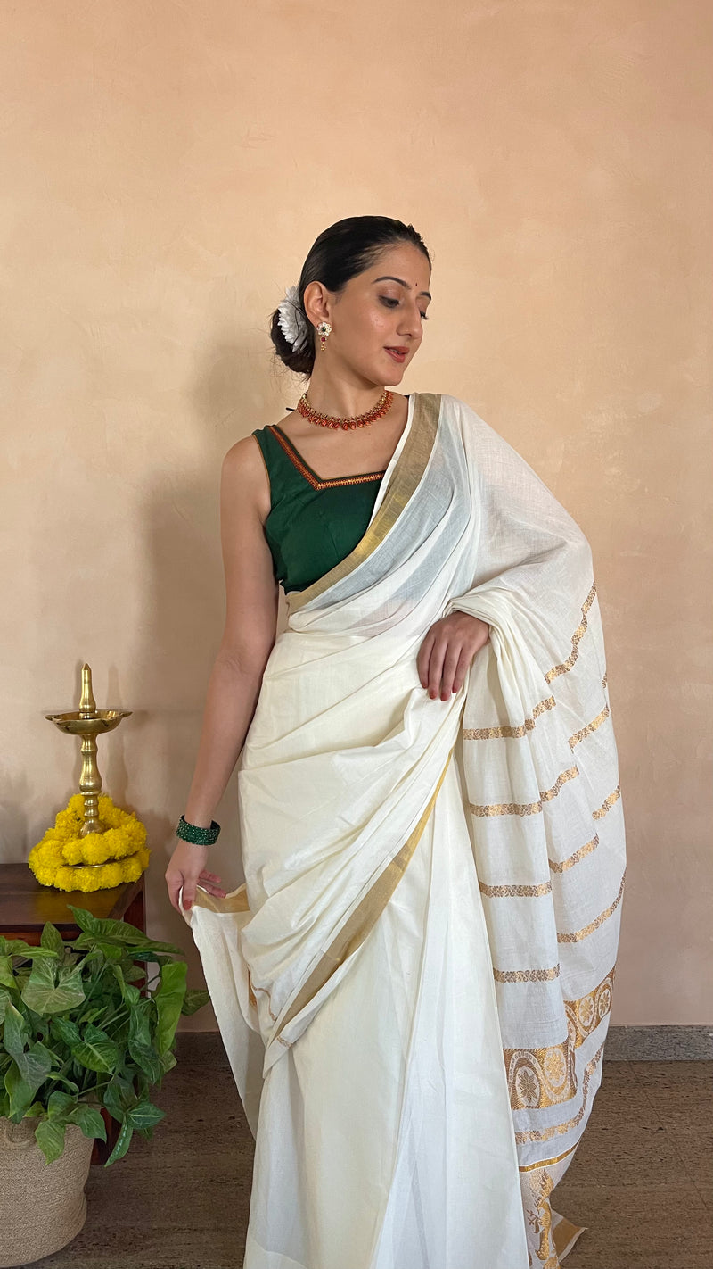 The Binks Kasavu Kit with Bottle Green Amala Mangalgiri Blouse - Get Onam-Ready Box-Binks