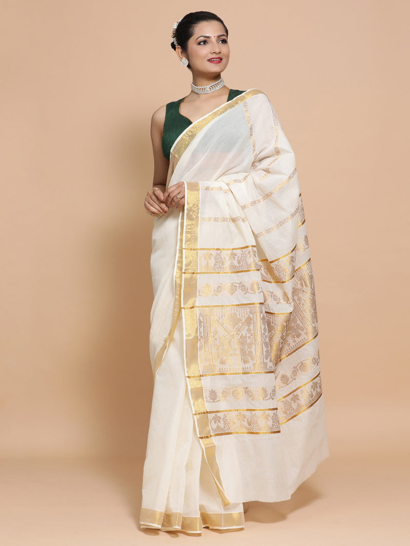 The Binks Kasavu Kit with Bottle Green Varsha Mangalgiri Blouse - Get Onam-Ready Box-Binks