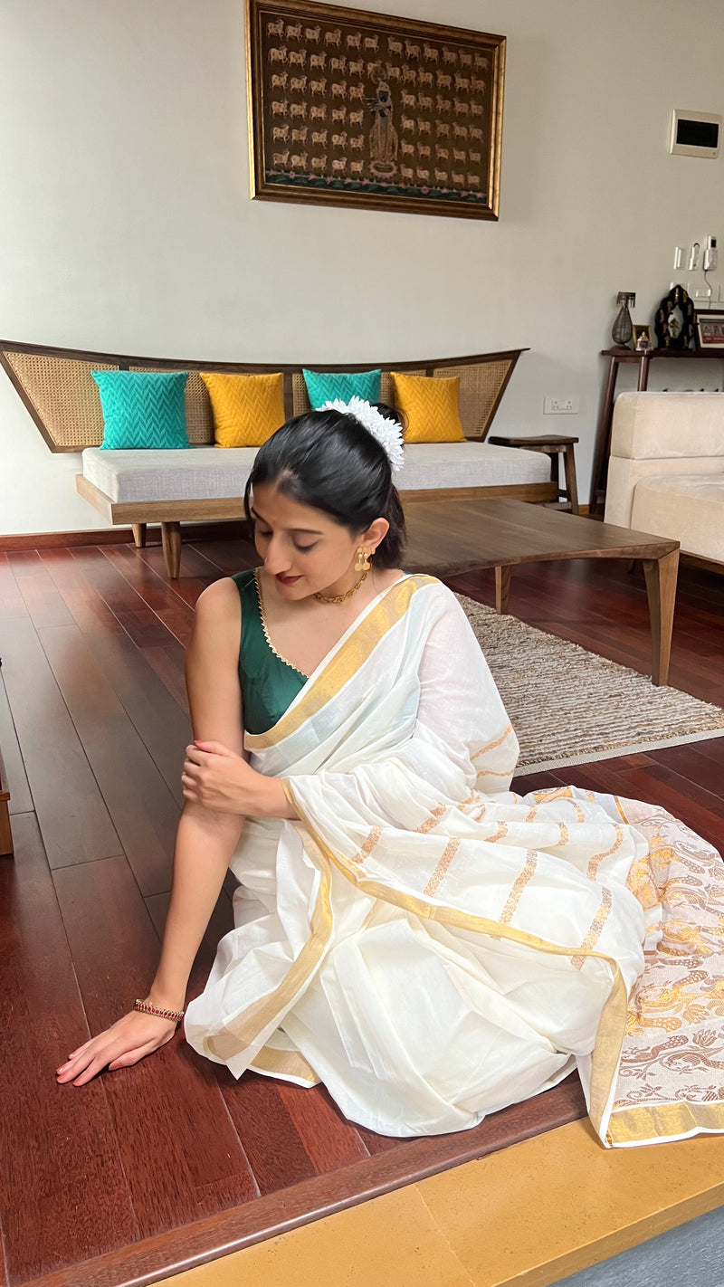 The 6-pc Binks Kasavu Kit with Bottle Green Ishika Blouse w/ Gota Embellishments - Get Onam-Ready Box-Binks